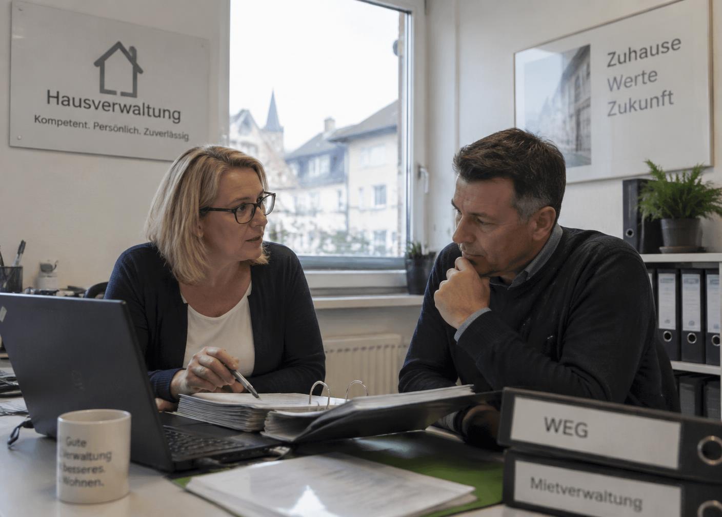 Zwei Mitarbeitende der Hausverwaltung im Gespräch am Schreibtisch