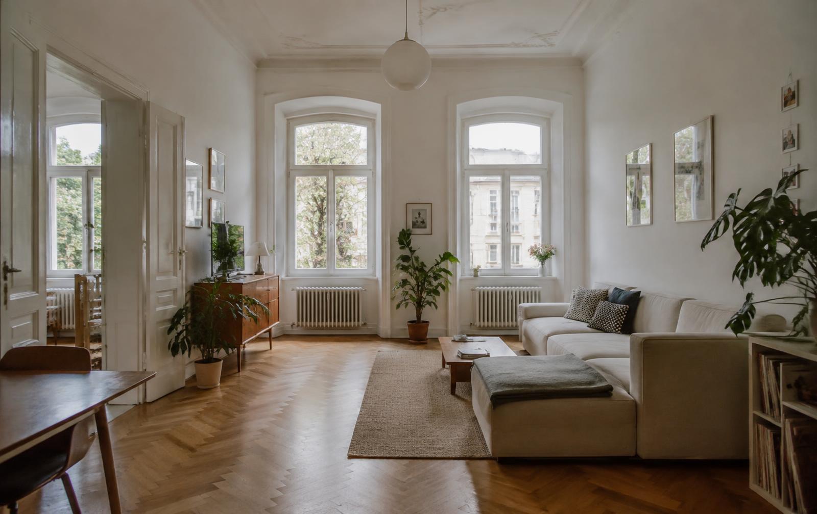 Helles Wohnzimmer einer Altbauwohnung mit Parkett und hohen Fenstern